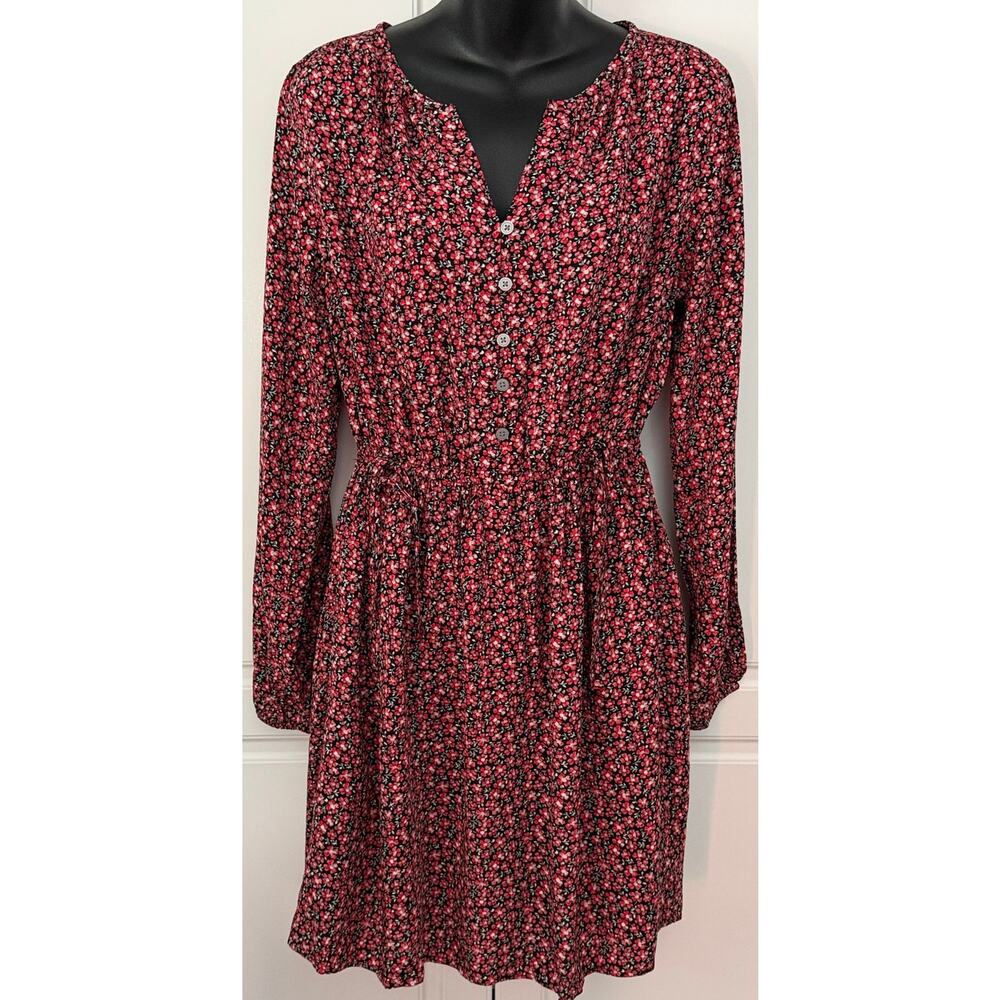 Loft Black/Red Floral Dress Split V-Neckline Drawstrings at Waist Size S NWT